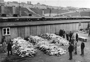 Corpses stacked outside the Mauthausen barracks
